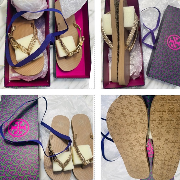 TORY BURCH GOLD GLITTER / METALLIC LEATHER DRESSY FLIP FLOP WITH ACCENT BOW LOGO - Picture 3 of 15